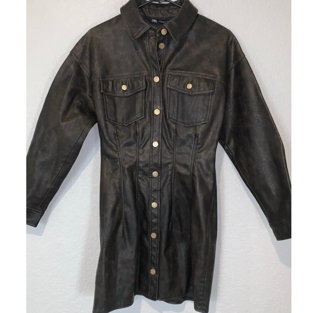 NWOT ZARA Dark Brown Faux Leather Gold Button Mini Dress Size Medium - Picture 2 of 9